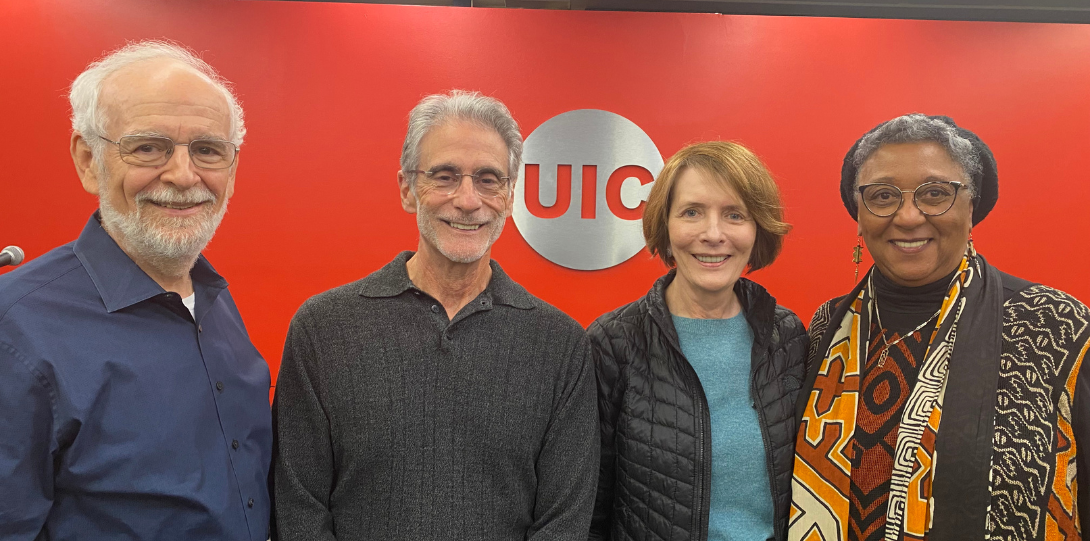 Old friends and colleagues reconnecting! From left to right: Dr. Chris Keys (former UIC Psychology Dept. Head), Dr. Jorge Daruna (UIC Psychology Alumnus '71, '75, '80), Dr. Carole Spitzack Daruna, and Dr. Joan Smith Cooper ('79).
